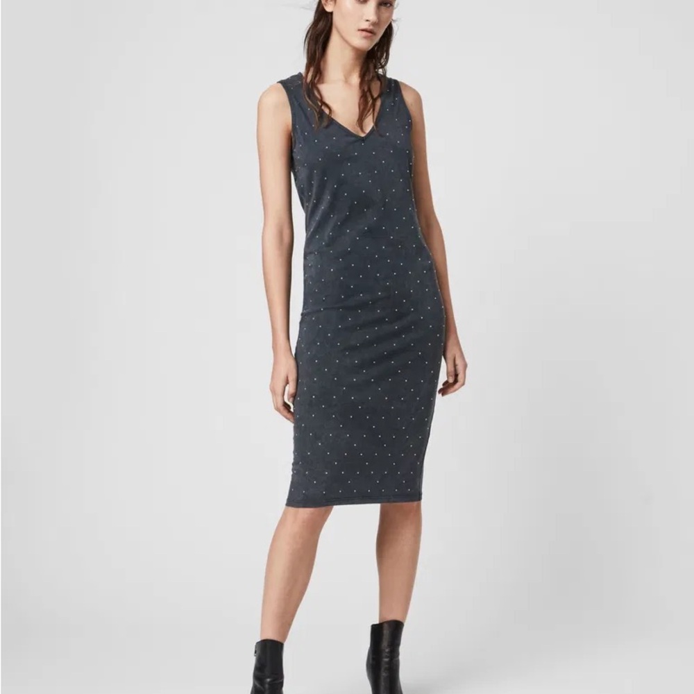All Saints Gunmetal Studded Sleeveless Midi Dress